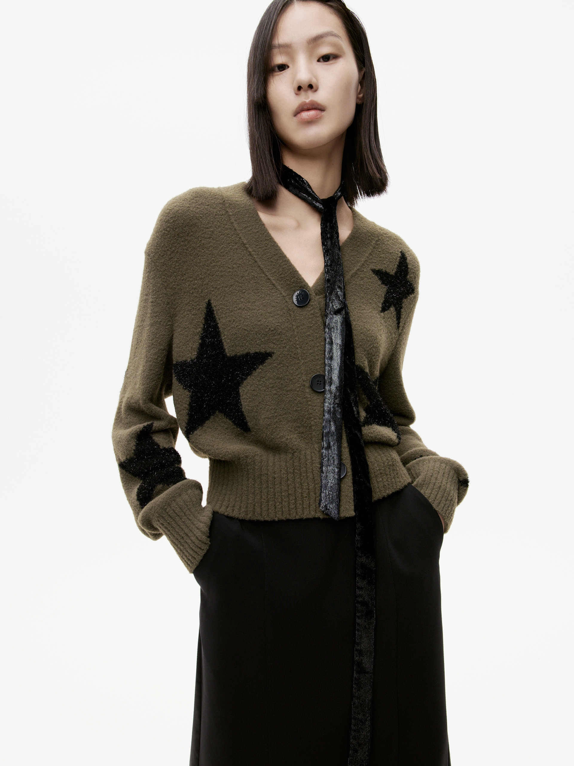 Polo Neckline Double Layered Hem Star Pattern Knitted Cardigan