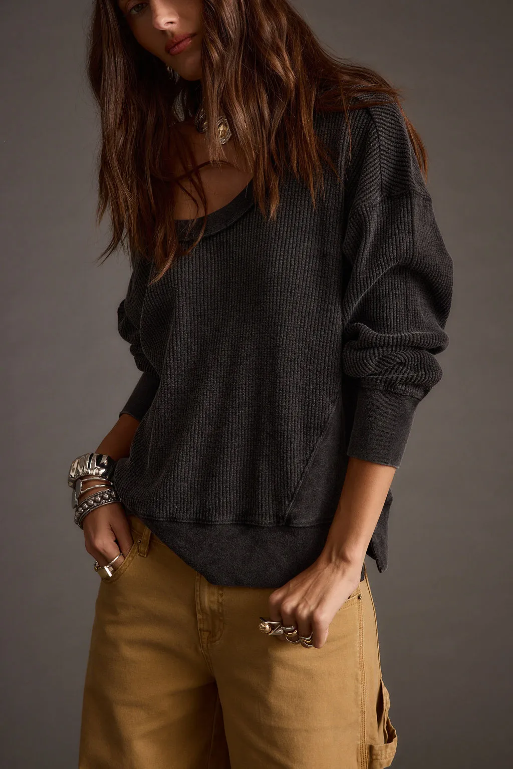 Easy to match Terrace Not Your Ex's Washed Black Waffle Knit Top