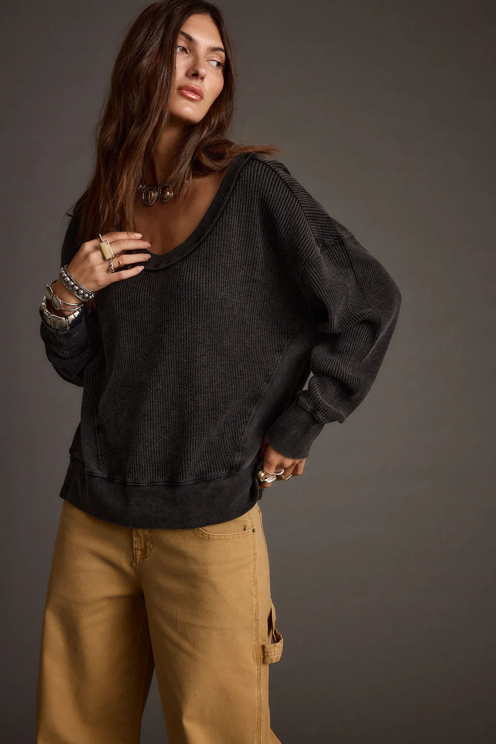 Hooded Not Your Ex's Washed Black Waffle Knit Top