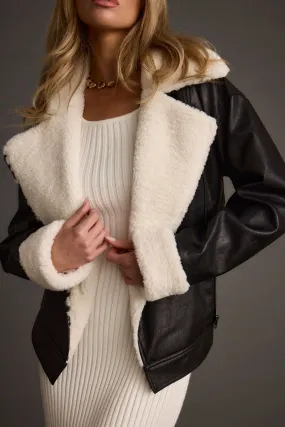 Elastic hem Wrinkle Resistant Starla Black Vegan Leather Sherpa Jacket