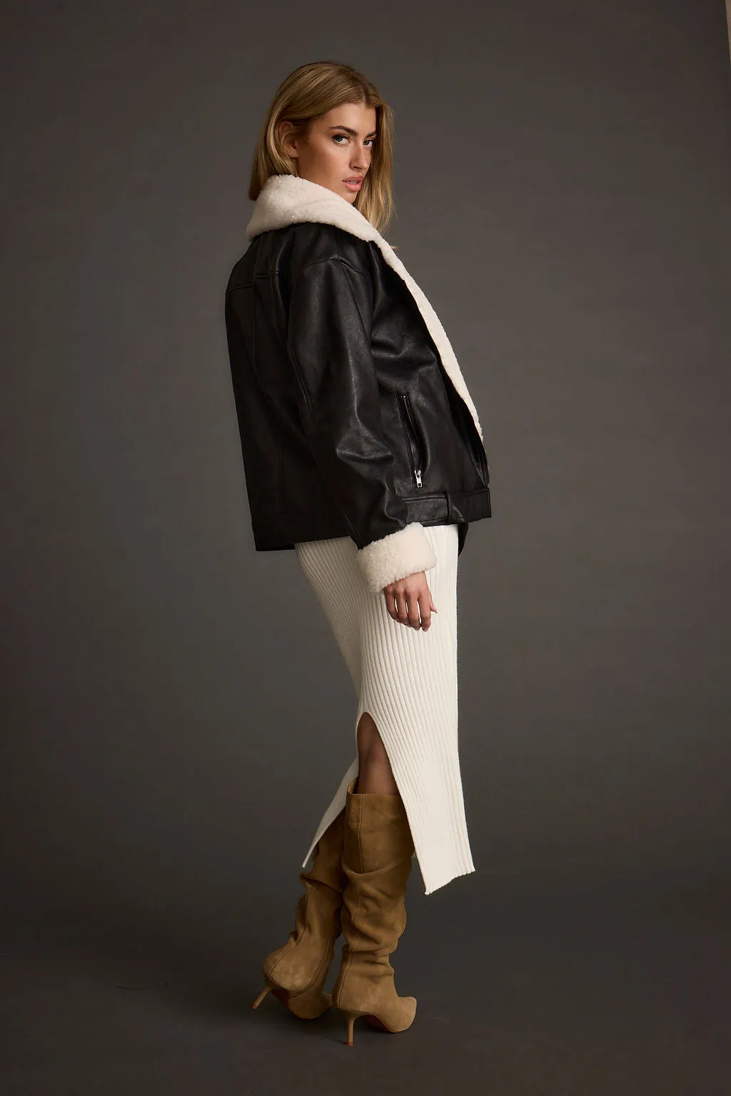 All Day Fit Convertible Sleeves Starla Black Vegan Leather Sherpa Jacket