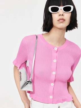 Biodegradable Fiber Construction Wavy Trim Knit Cardigan