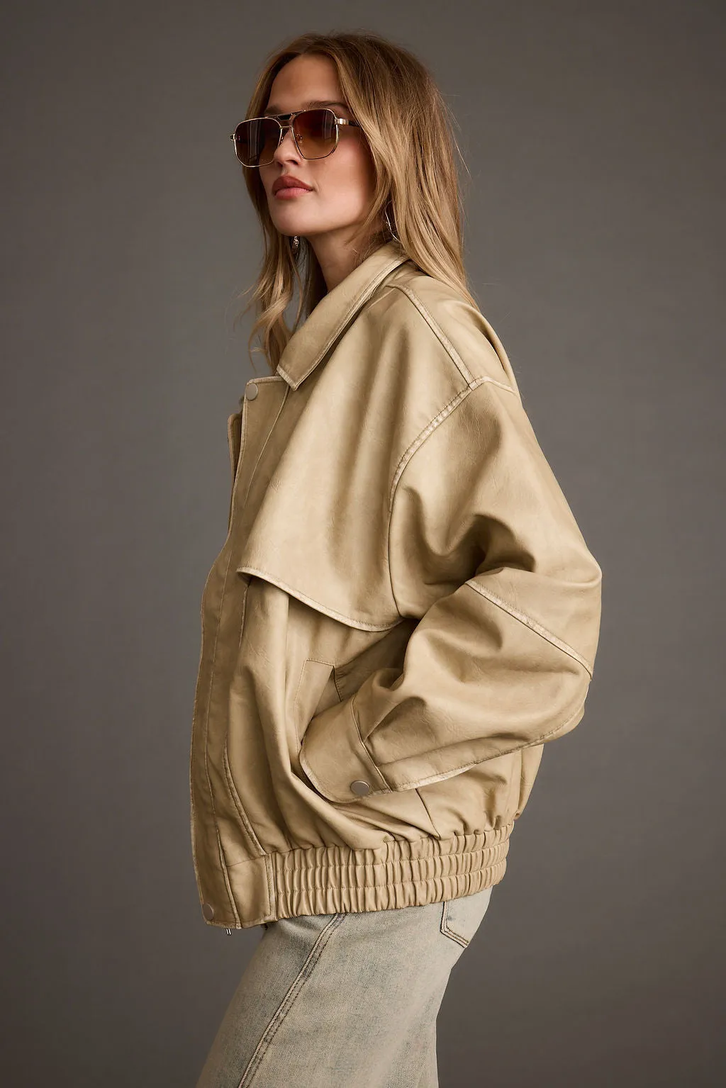 London Calling Light Taupe Oversized Faux Leather Jacket High End Product Zip - up