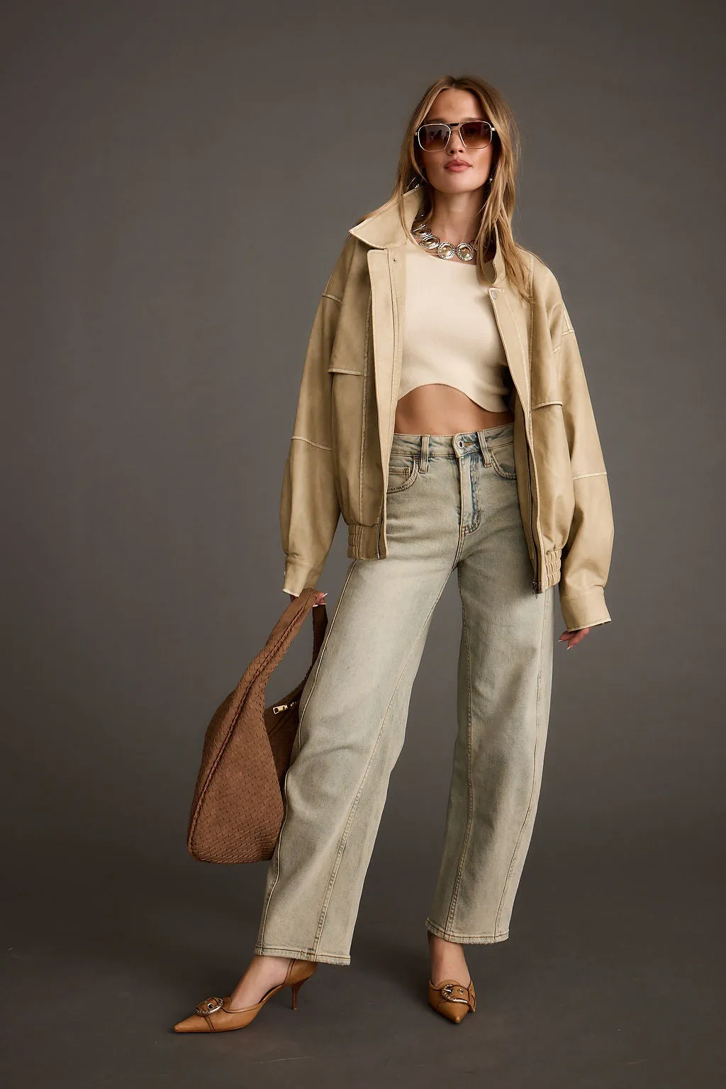 Zip - up London Calling Light Taupe Oversized Faux Leather Jacket