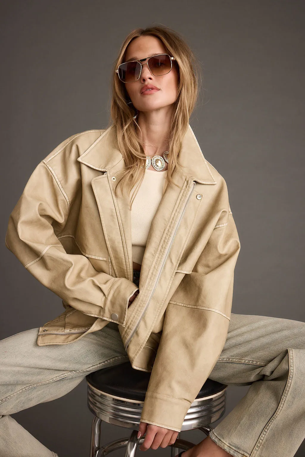 Stretchy Influencer London Calling Light Taupe Oversized Faux Leather Jacket