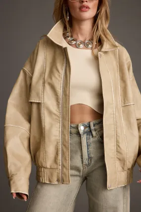 London Calling Light Taupe Oversized Faux Leather Jacket Durable Hem Finishing