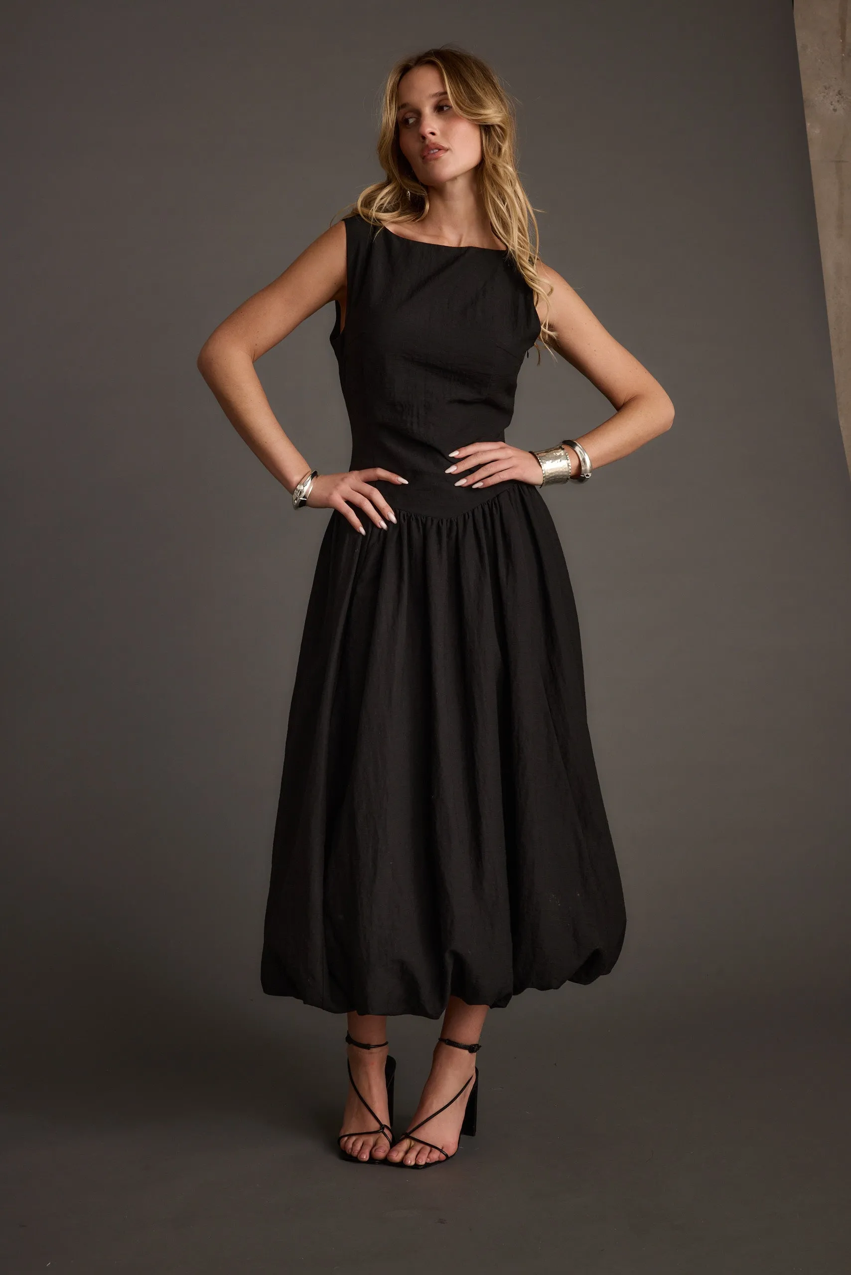 Kate Black Drop Waist Bubble Hem Midi Dress Luxe Touch SoftTouchTexture