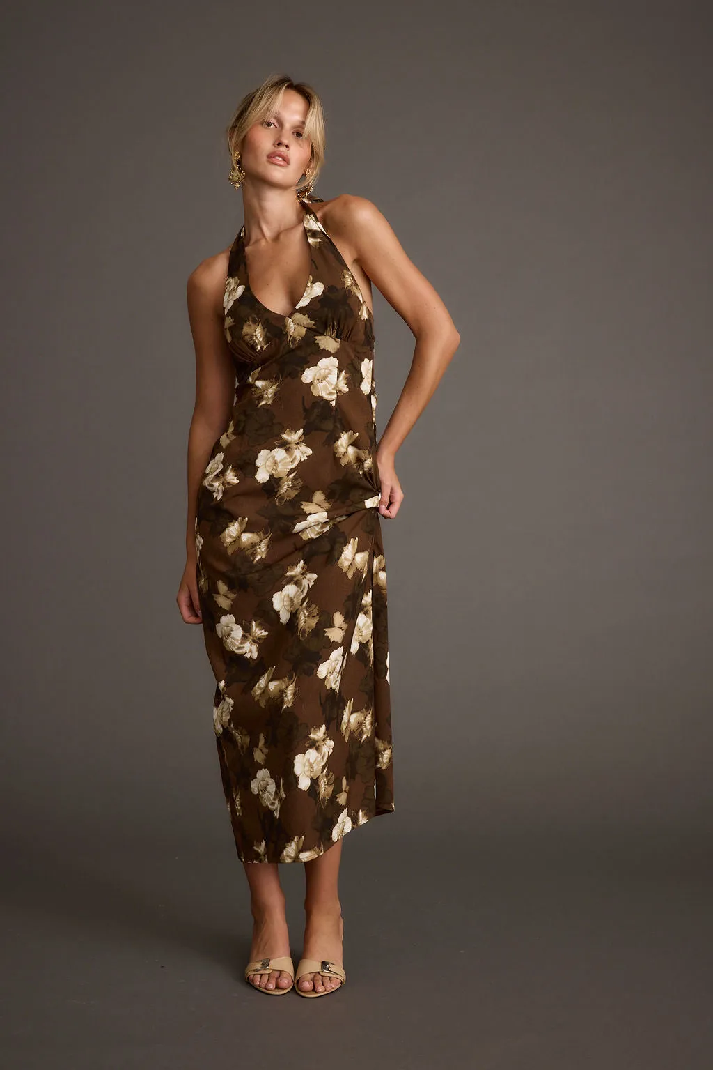 Smart Pairing Move Free Audrina Brown Floral Halter Maxi Dress