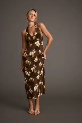 Travel piece Anniversary-Event Audrina Brown Floral Halter Maxi Dress