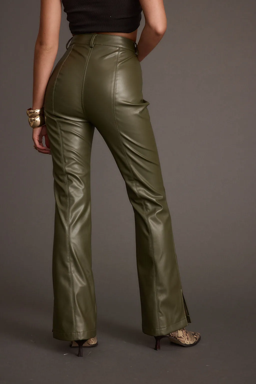 Body Contour Ryland Olive Vegan Leather Flare Pants