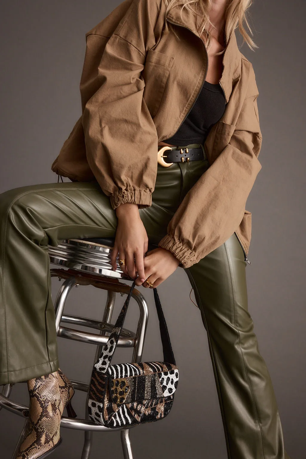 Ryland Olive Vegan Leather Flare Pants Flared bottom
