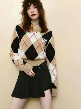 Stylish Knit Look Argyle Check Knitted Sweater