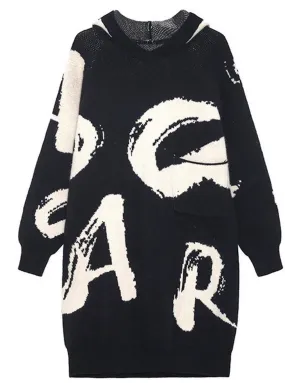 Graphic Tunic Sweater  Dress with Hood Transitional-Wear