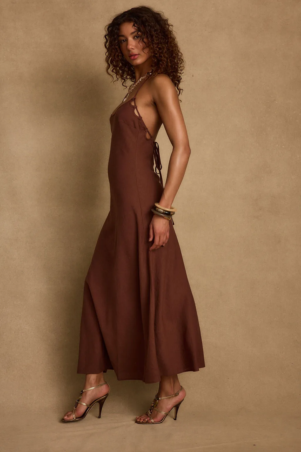 Laura Mocha Linen Maxi Dress Silky-Lining