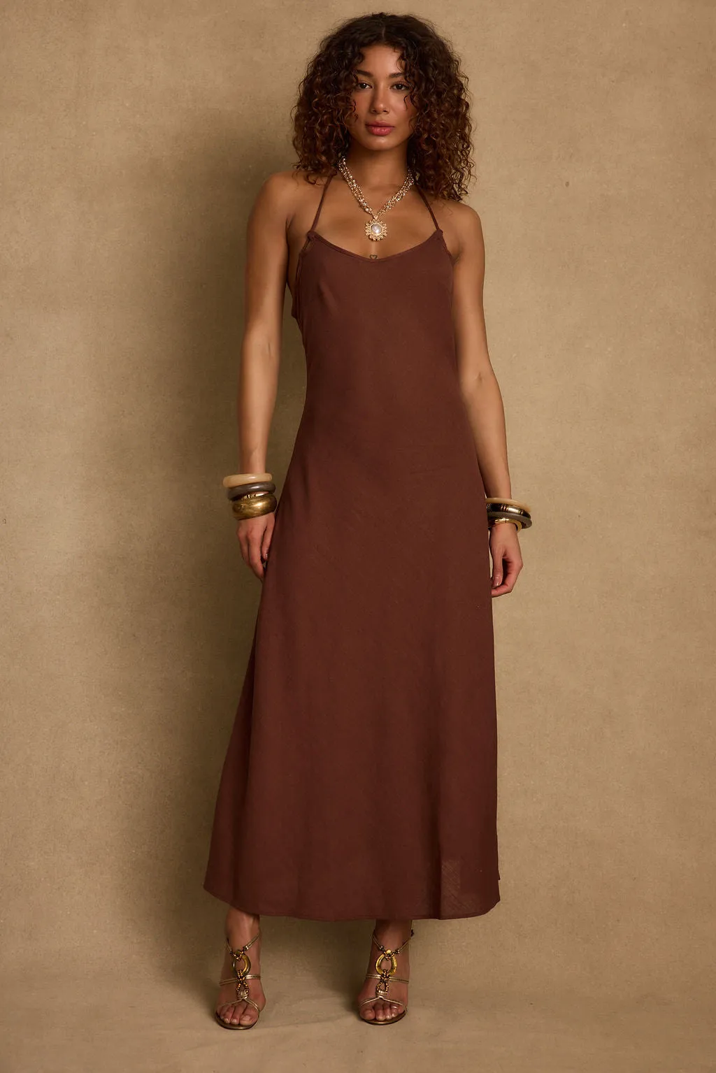 Laura Mocha Linen Maxi Dress Applique-Detail High Cut