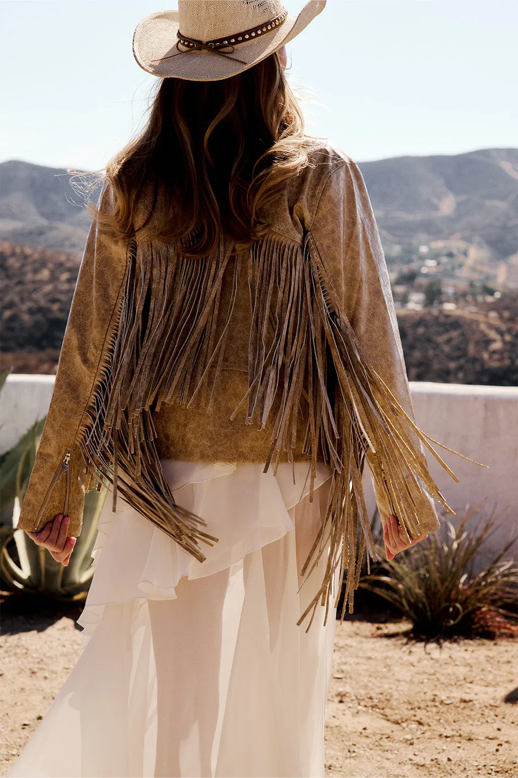 attic Embellish Phoenix Taupe Vegan Leather Moto Fringe Jacket