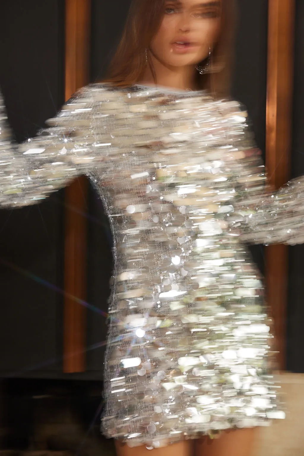 Chic Direction Shiny surface Pippa Silver Payette Long Sleeve Mini Dress