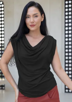 Flexible Mobility Smooth Texture Pleated Cowl Neck Top Black