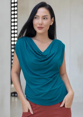 Pleated Cowl Neck Top Teal Youthful Vibe Comfort Wear
