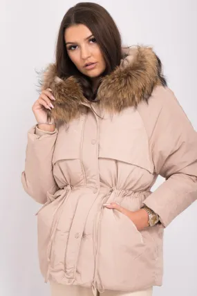 Unisex Casual Fit Beige Luxury Fur Padded Stopper Drawstring Coat