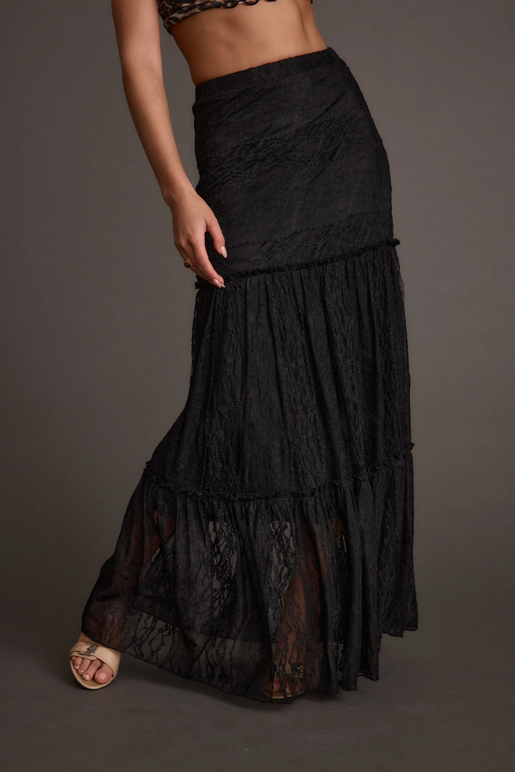 Poppy Black Lace Maxi Skirt Crisscross Back
