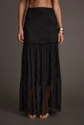 Front Slit Bold Edge Poppy Black Lace Maxi Skirt
