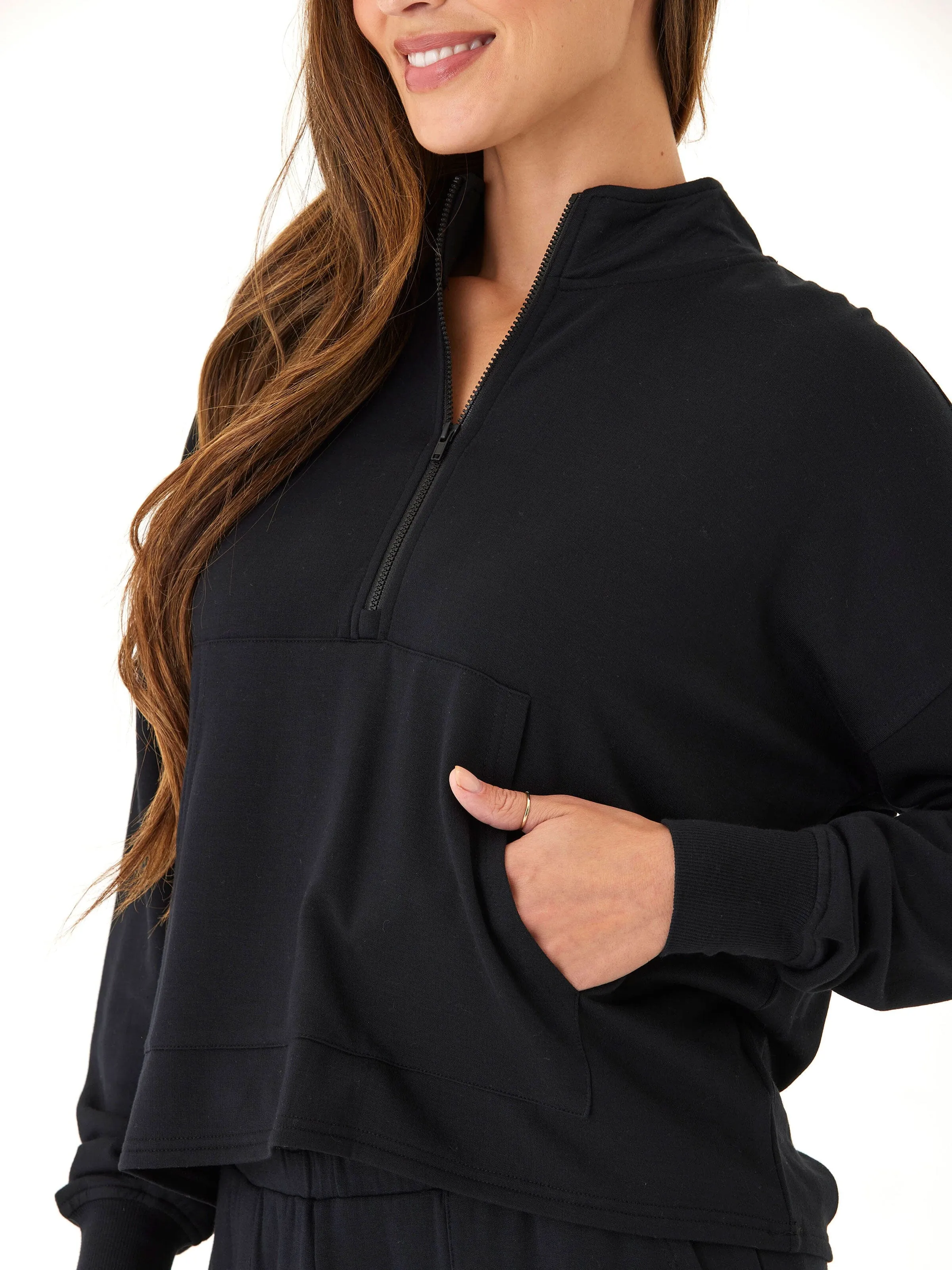 Articulated Ergonomic Fit Elegant Evening Florynce Feather Fleece Mock Neck Pullover