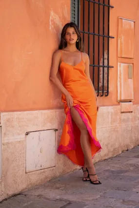 Gigi Orange Satin Maxi Dress Art Spirit Urban Energy