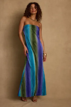Padded-Bust Subtle Elegance Natalia Blue Striped Strapless Plisse Maxi Dress