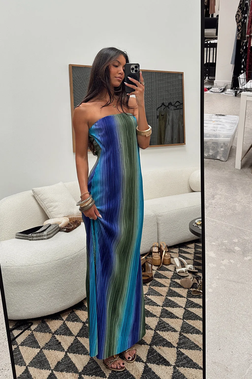 Polite Tone Natalia Blue Striped Strapless Plisse Maxi Dress