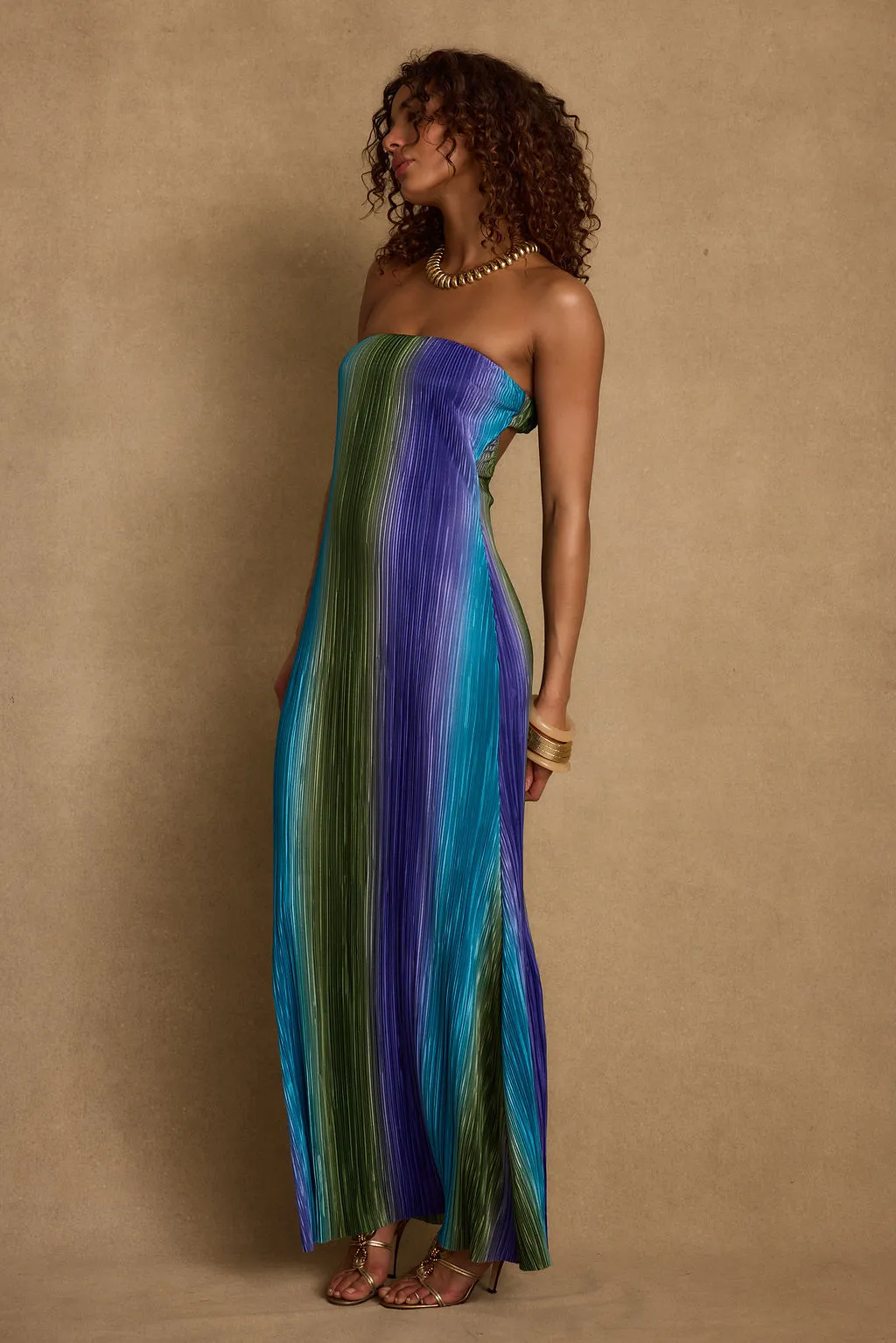 Zip-Closure Comfortable Design Natalia Blue Striped Strapless Plisse Maxi Dress
