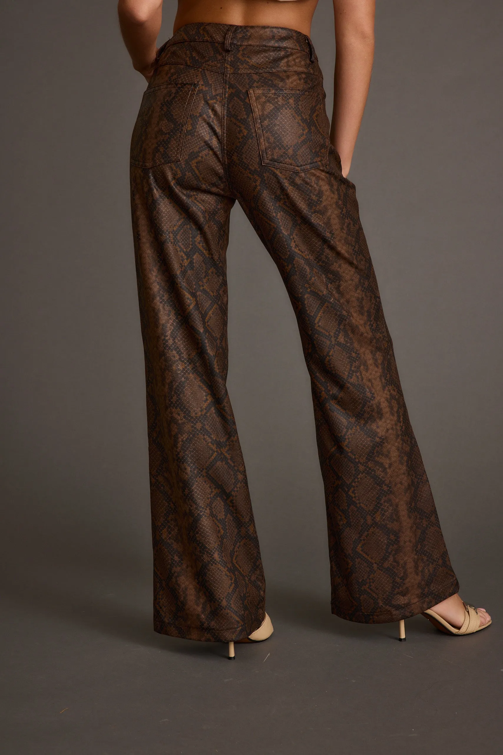 Secure Cuff Design Frayed hem Viper Room Snake Print Vegan Leather Pants