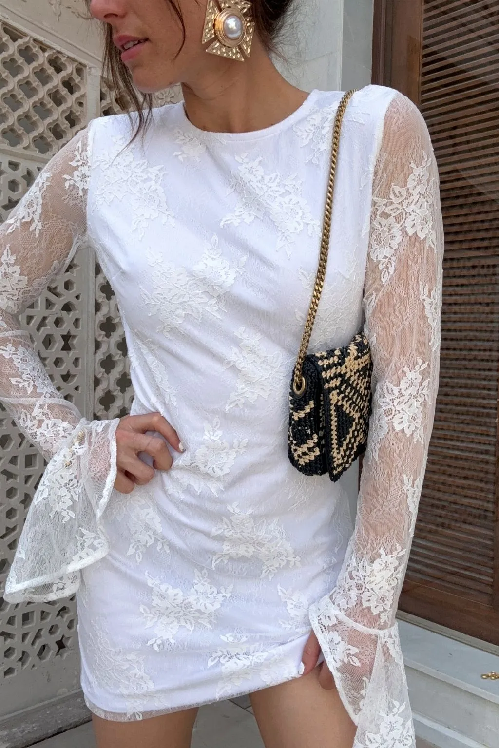Light Aesthetic Airy Drape Primrose Long Sleeve Lace Mini Dress