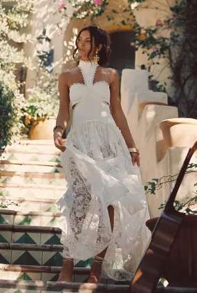 Light Fabric Crisp Finish Princesa White Lace Drop Waist Maxi Dress