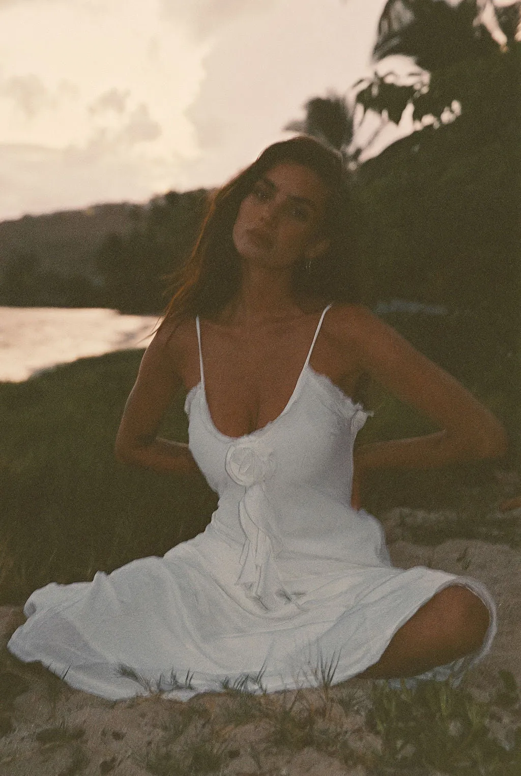 Simple Elegance Prosecco White Rosette Frill Maxi Dress