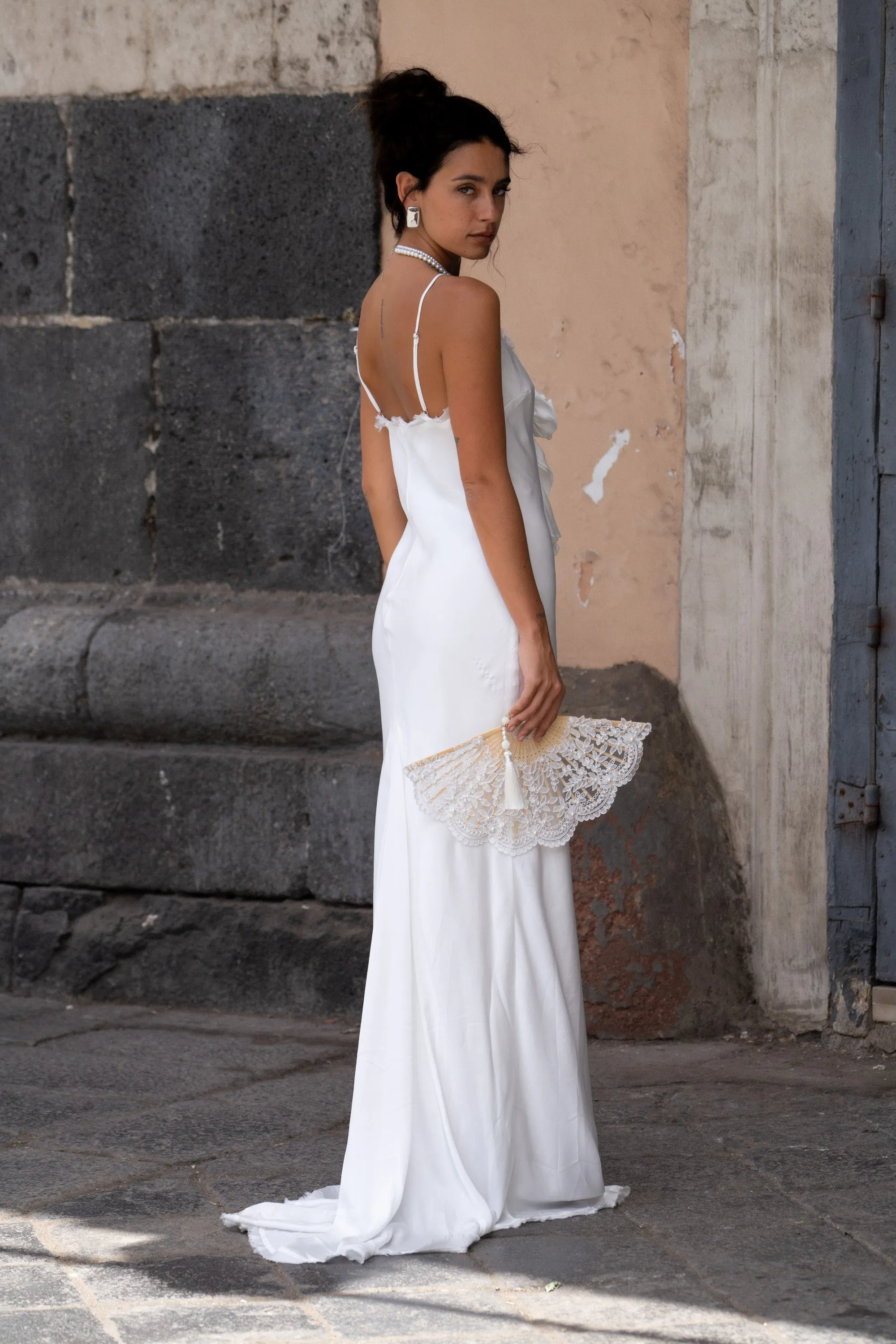 Dual Tones Timeless Fashion Prosecco White Rosette Frill Maxi Dress