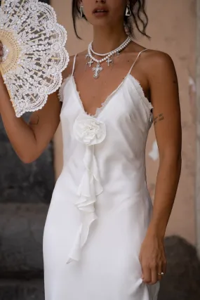 Form Fit Work Friendly Prosecco White Rosette Frill Maxi Dress