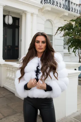 Pure White Luxury Fur 5 Row Cropped Sleeve Jacket Weather Fit Stretch Fabric