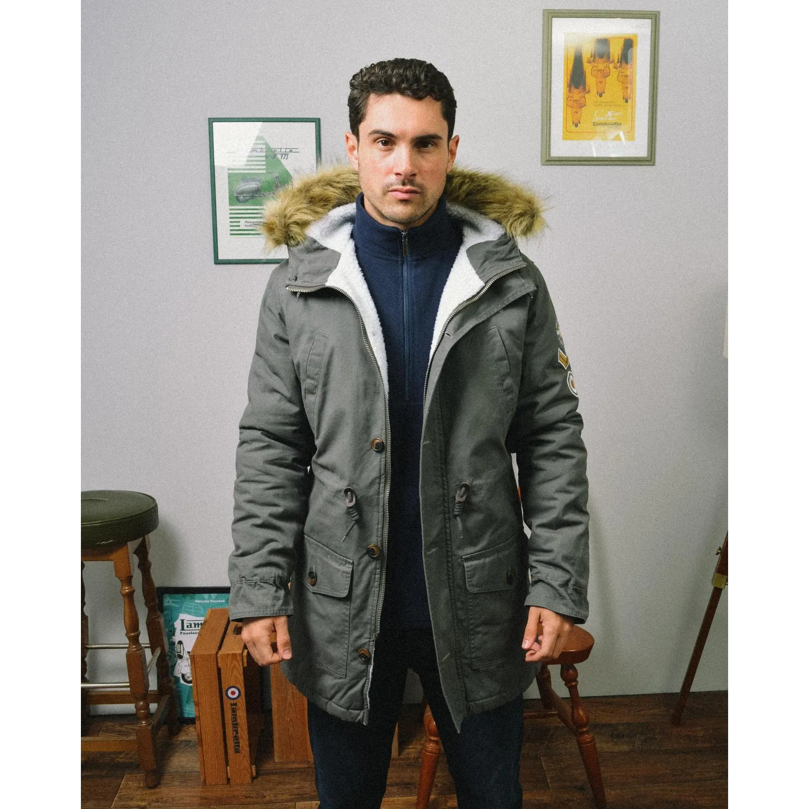 Adjustable Belt Lambretta Sherpa Lined Faux Fur Hooded Parka Jacket - Granite