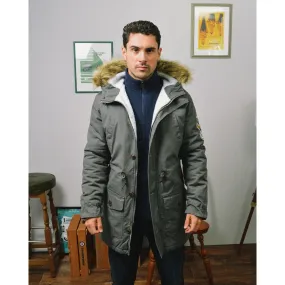 Adjustable Belt Lambretta Sherpa Lined Faux Fur Hooded Parka Jacket - Granite
