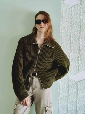 smooth zipper Cold Day Raglan Sleeves Knitted Cardigan