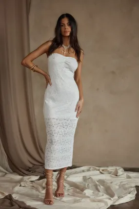 Perfect Cut Summer-Season Reagan Strapless White Lace Midi Dress