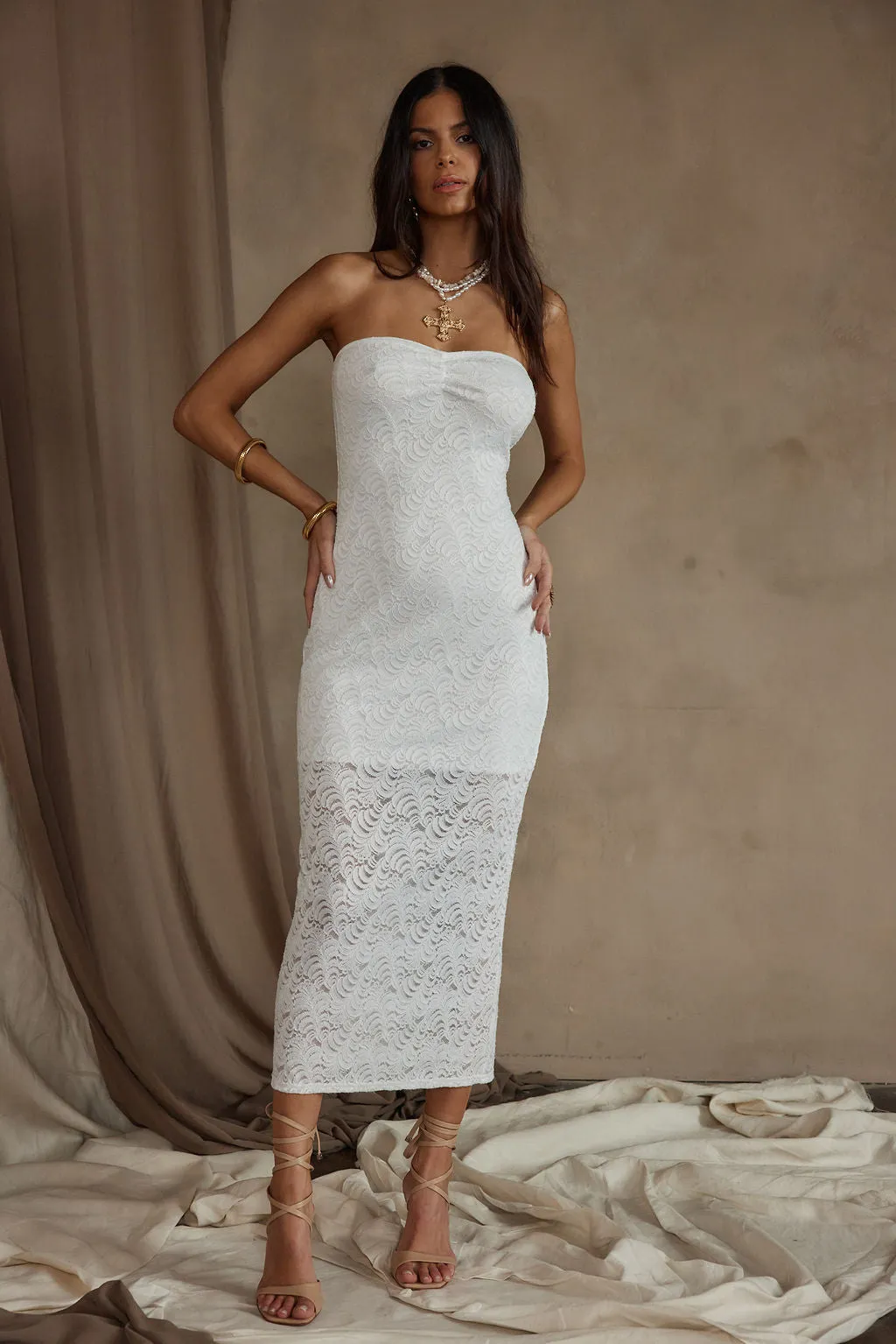 Reagan Strapless White Lace Midi Dress Bold Movement