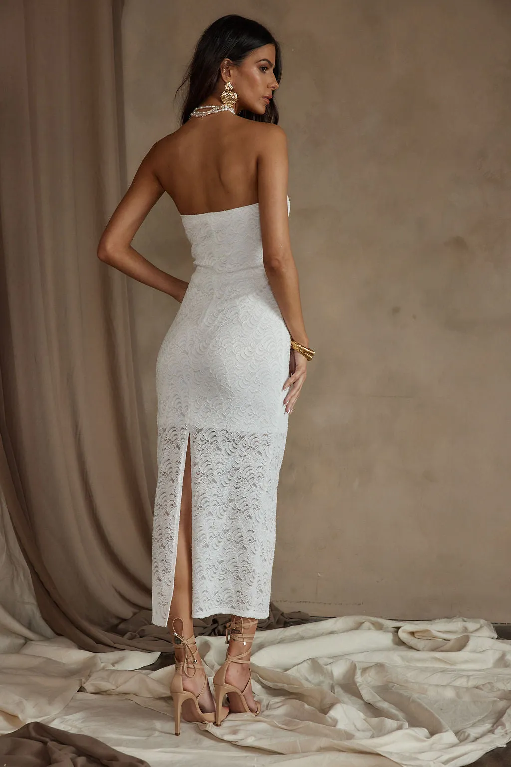 Reagan Strapless White Lace Midi Dress Comfortable Design Wear Sheer-Overlay