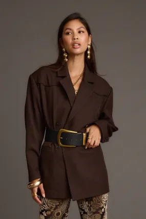 Rebel Brown Belted Double Breasted Blazer Buckled Pocketed