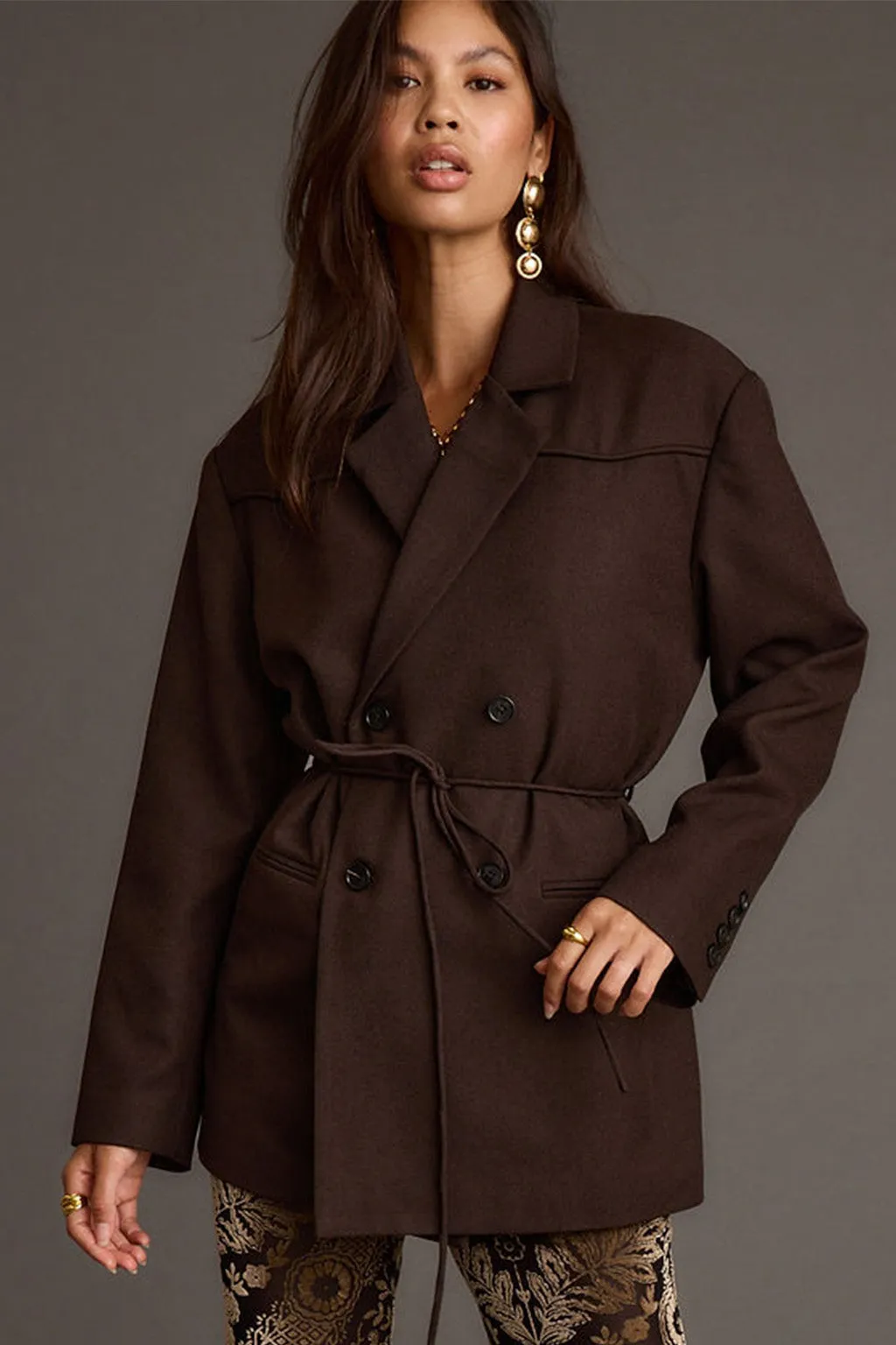 Cozy Casual Elegance Rebel Brown Belted Double Breasted Blazer