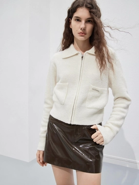 Lapel Collar Zipper Cardigan Neutral Style Off Duty Look