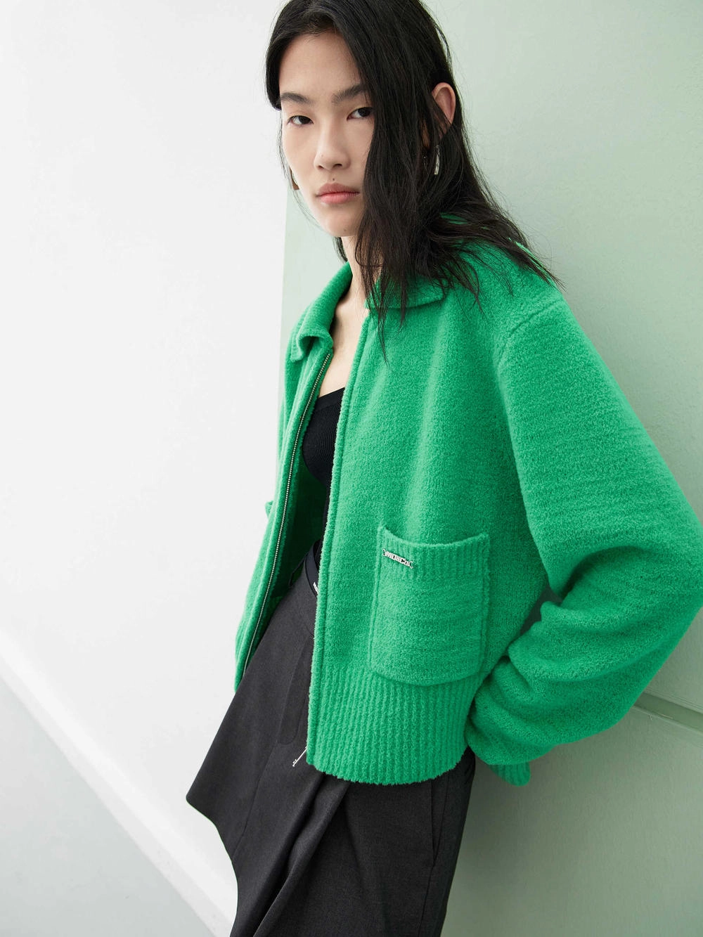 Soft touch finish Lapel Collar Zipper Cardigan