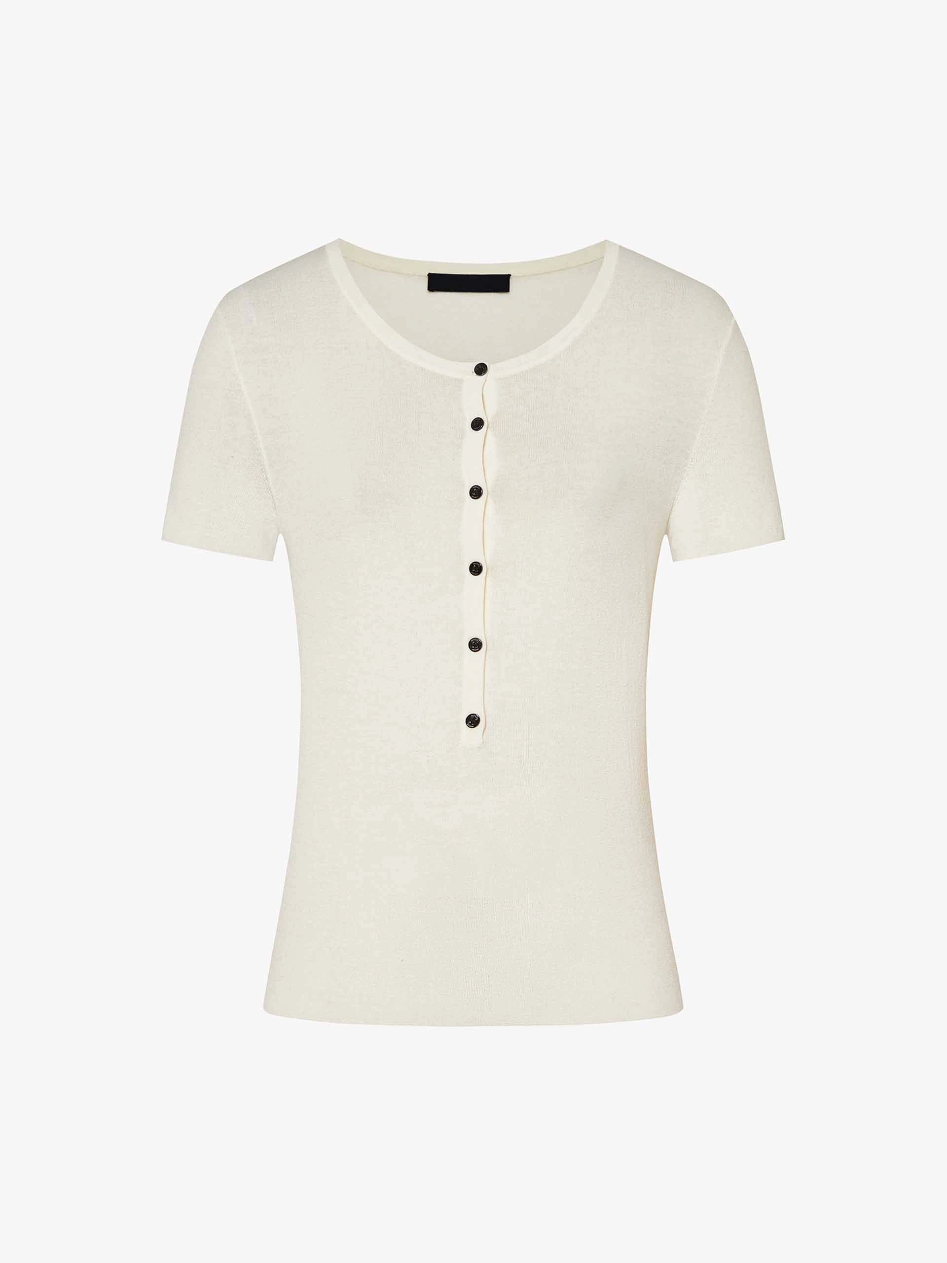 Natural Fiber Composition DoubleLayered Edging Fitted Half Button Top