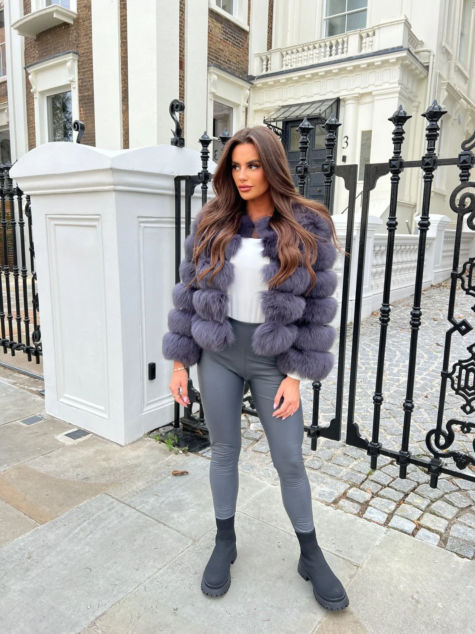 Quilted Pattern Charcoal Luxury Fur 5 Row Cropped Sleeve Jacket